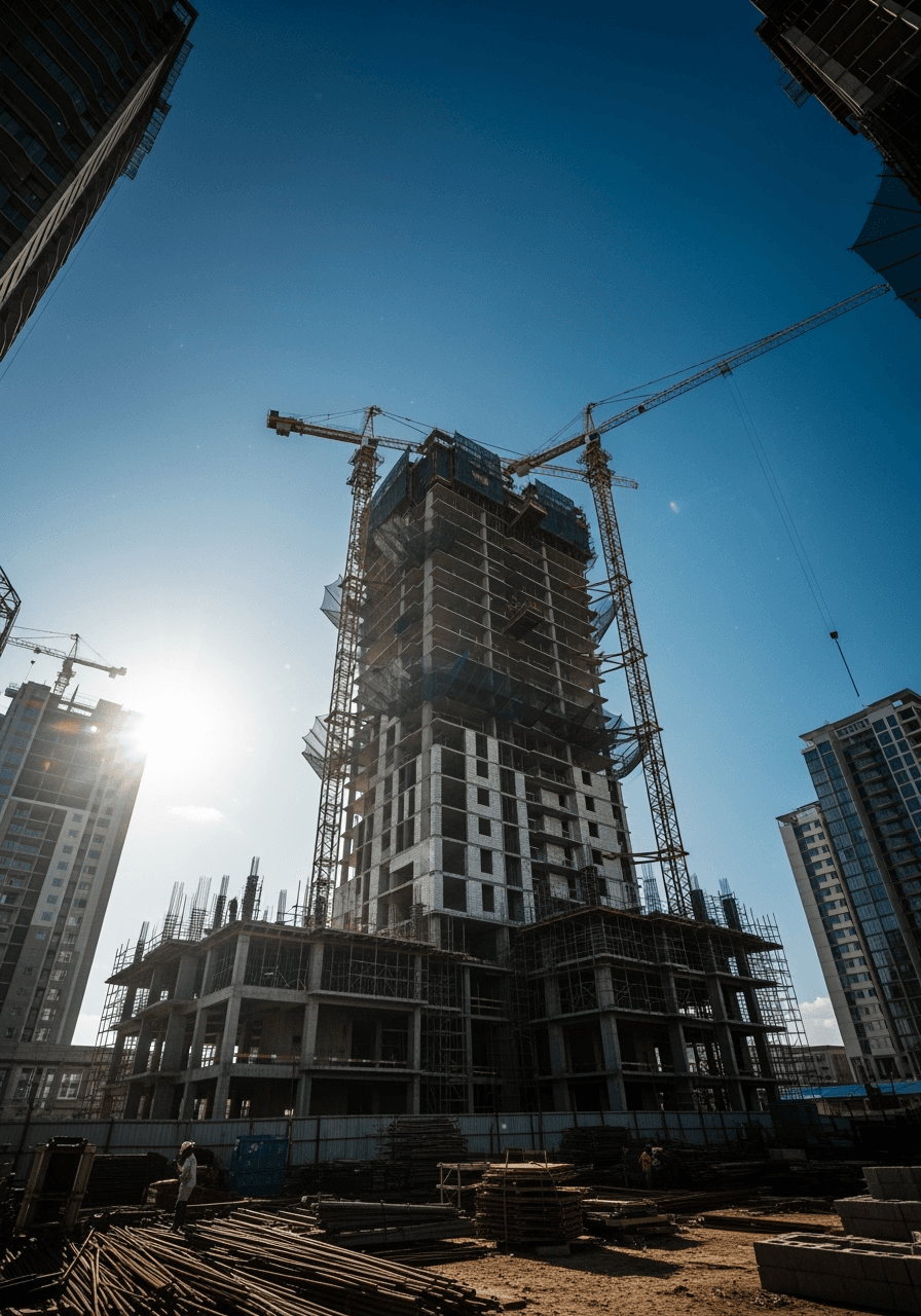 Neatly staged hammer, hard hat, cement bag, and steel rods in a minimal industrial setup.