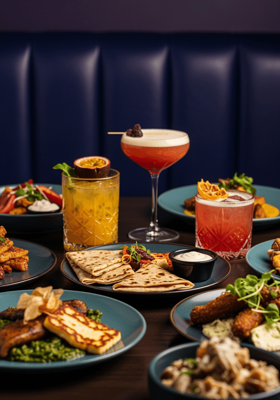 Minimal counter arrangement of bread, bottled juice, and canned goods with soft realistic lighting.