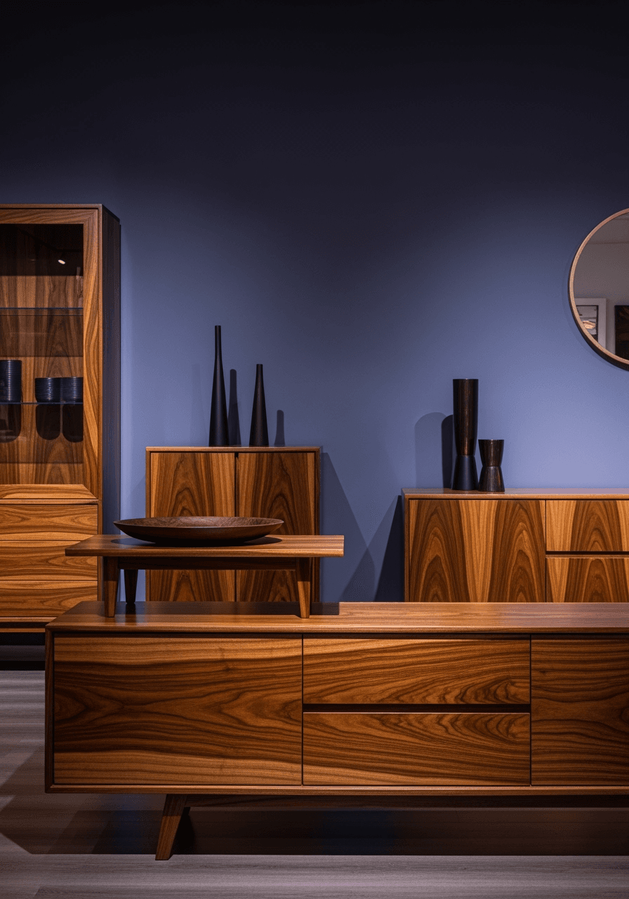 Modern wooden chair and table styled inside a minimal white room with natural highlights.