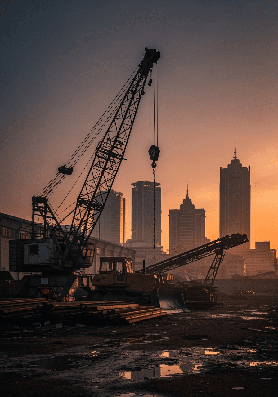 Factory gear, machine parts, and a safety helmet lit in a minimal industrial vignette.