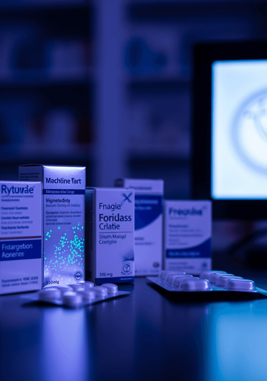 Clean medical still life of medicine bottles, capsules, and a cross icon in blue-white palette.