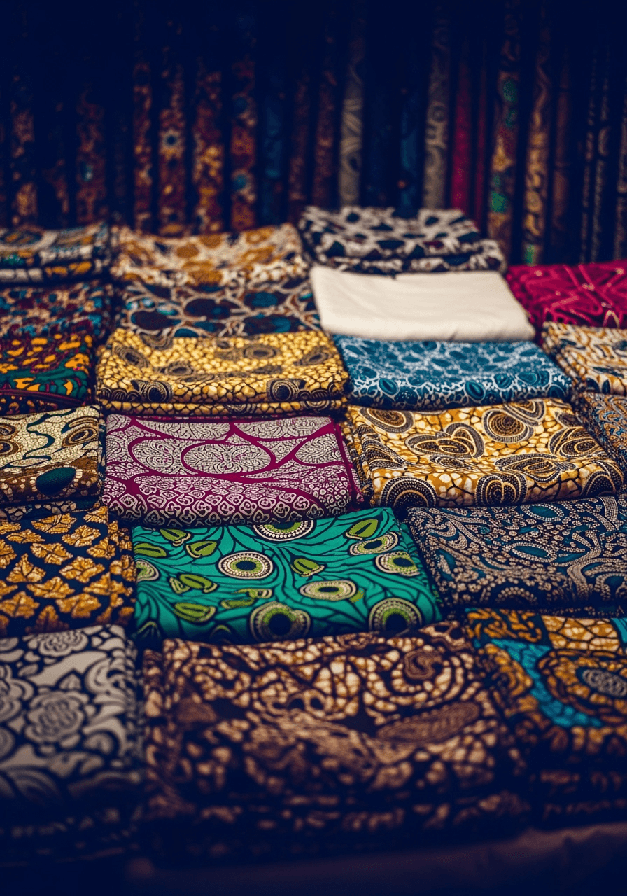 Colorful rolls of fabric, threads, and a sewing machine bathed in bright neutral light.